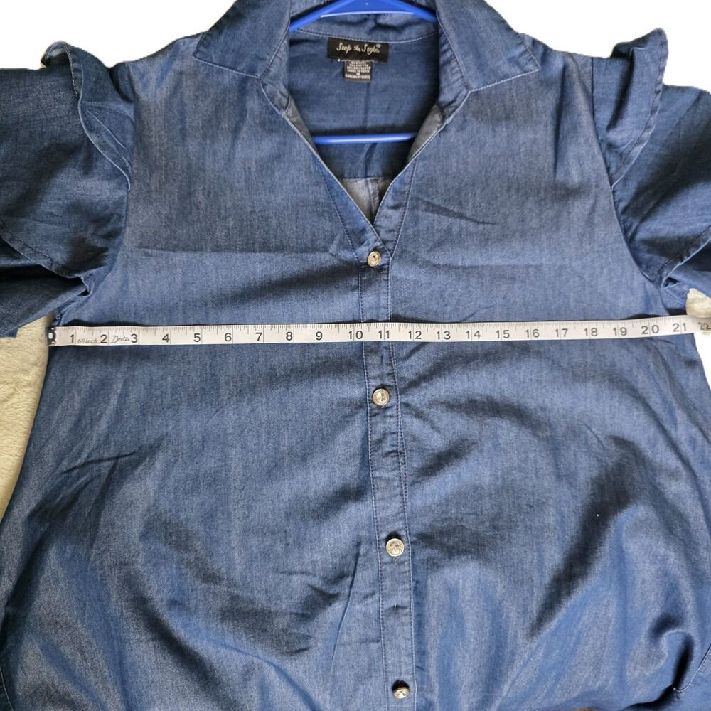 Step In Style Denim Dress M Blue Chambray Tiered Ruffle Sleeve High Low Boho - Picture 5 of 8